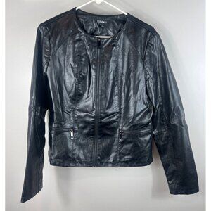 Roz & Ali Faux Leather Jacket Collarless Zipper Pockets Large